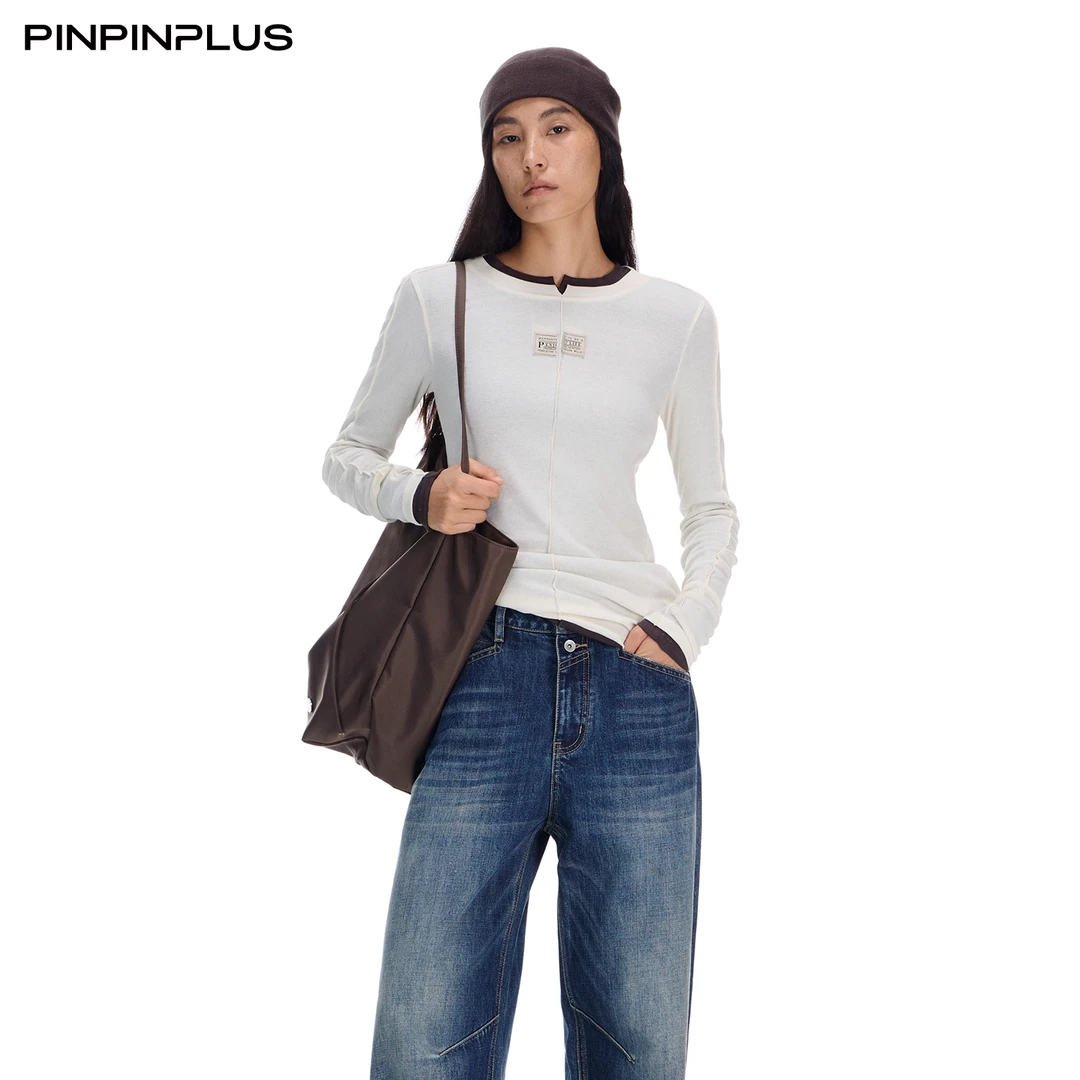 【玛丽专属】PINPINPLUS纯棉百搭错位布标长袖T休闲圆领内搭打底衫