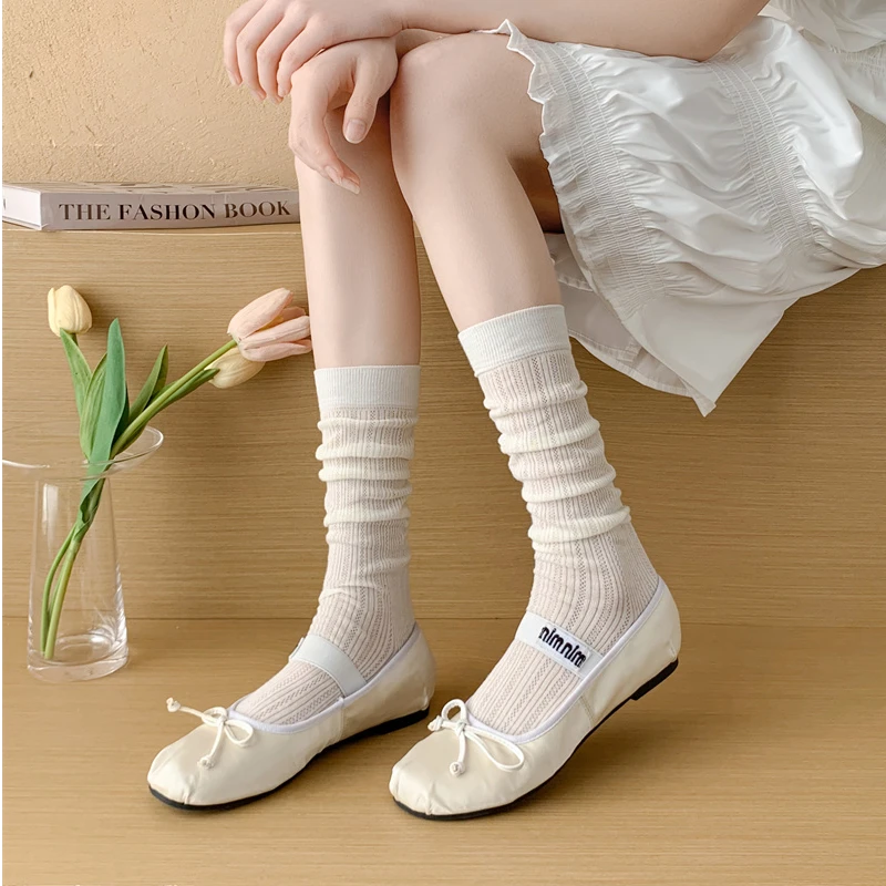 夏季麦穗小腿袜薄款镂空网眼透气棉袜及膝长筒袜子女中筒堆堆袜