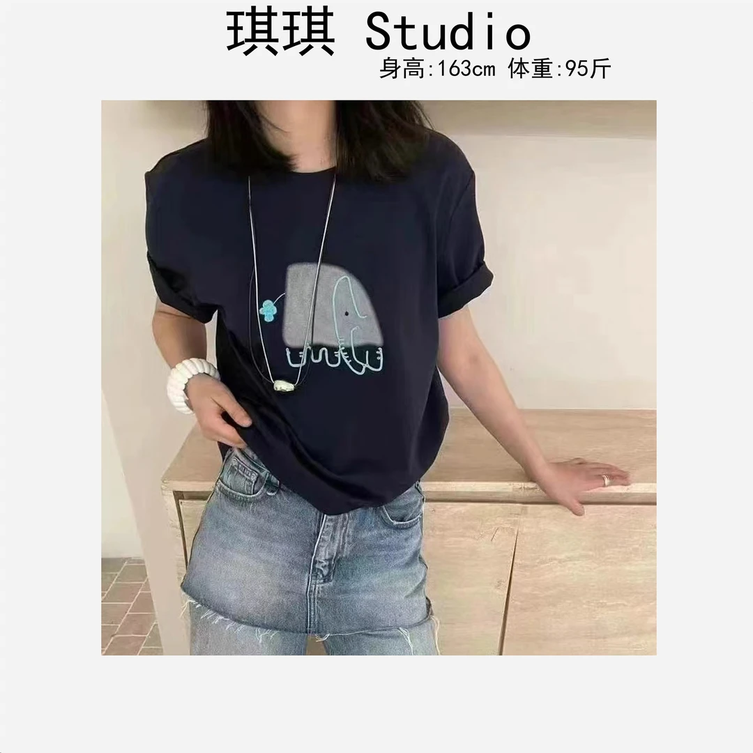 《琪琪家》春夏季新款重工设计抽象拼色小象显瘦减龄短袖88106-3-C