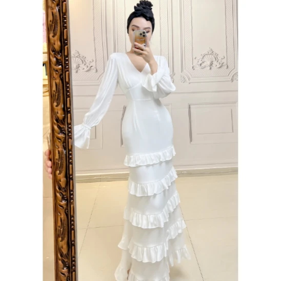 【星姐推荐】星原创高级定制设计师款气质荷叶边法式V领长袖连衣裙