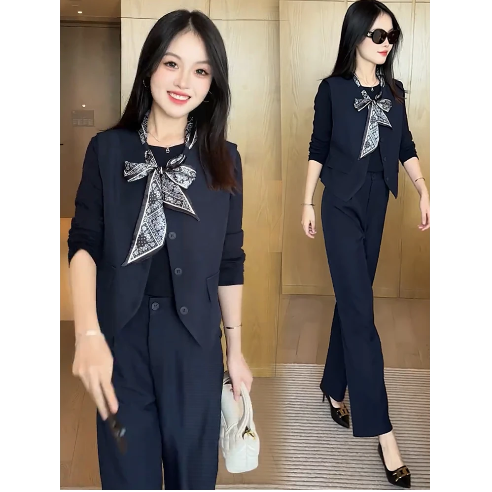 时尚套装女2025秋季新款洋气显瘦西装马甲背心打底衫阔腿裤两件套