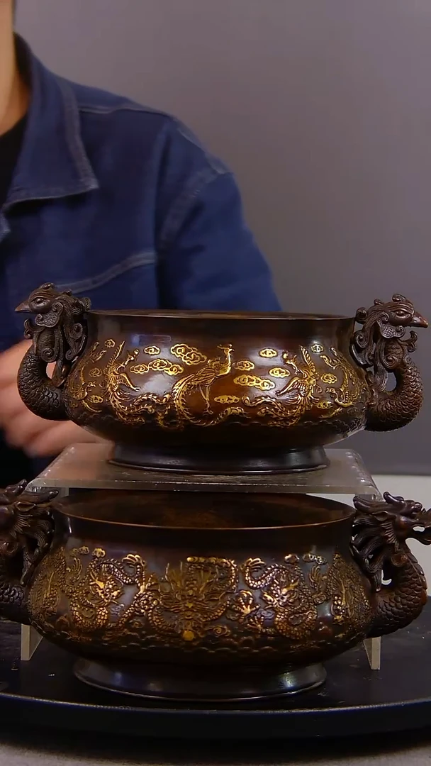 瓷片N*W山水紫铜鎏金造像香炉结缘1111