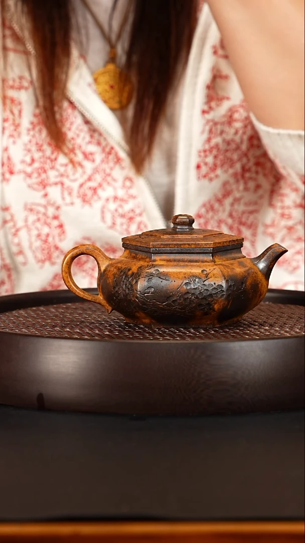 茶壶紫砂 宜兴紫砂壶龙骨金砂柴烧大彬六方320cc