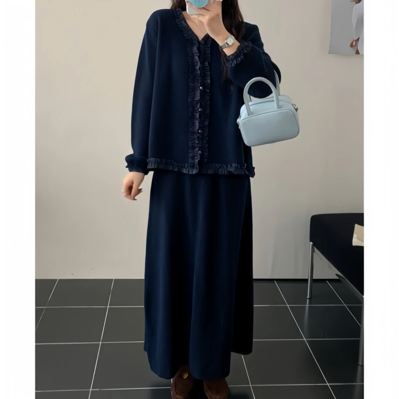 大码时尚风秋季新款设计感宽松拼接花边针织毛衣高腰半身裙两件套