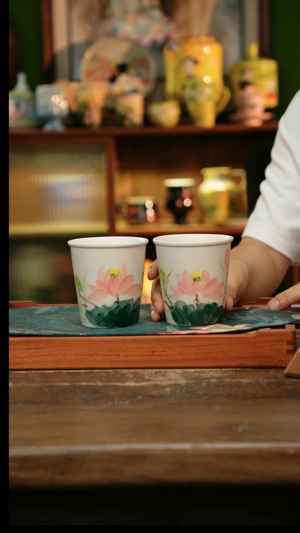 瓷片景德镇纯手工釉下彩精品茶具水杯+