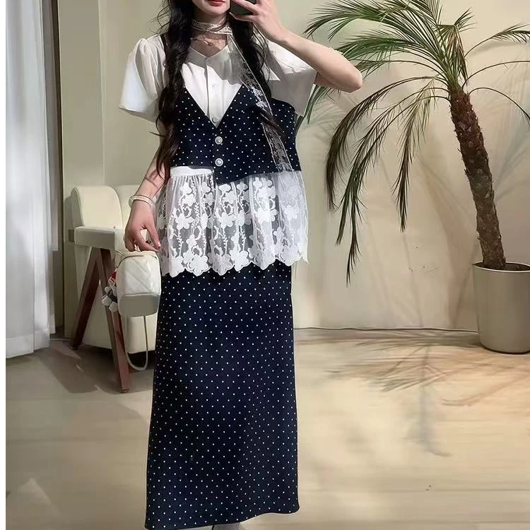 2025夏季一整套法式甜美蕾丝拼接波点吊带假两件上衣半身裙两件套
