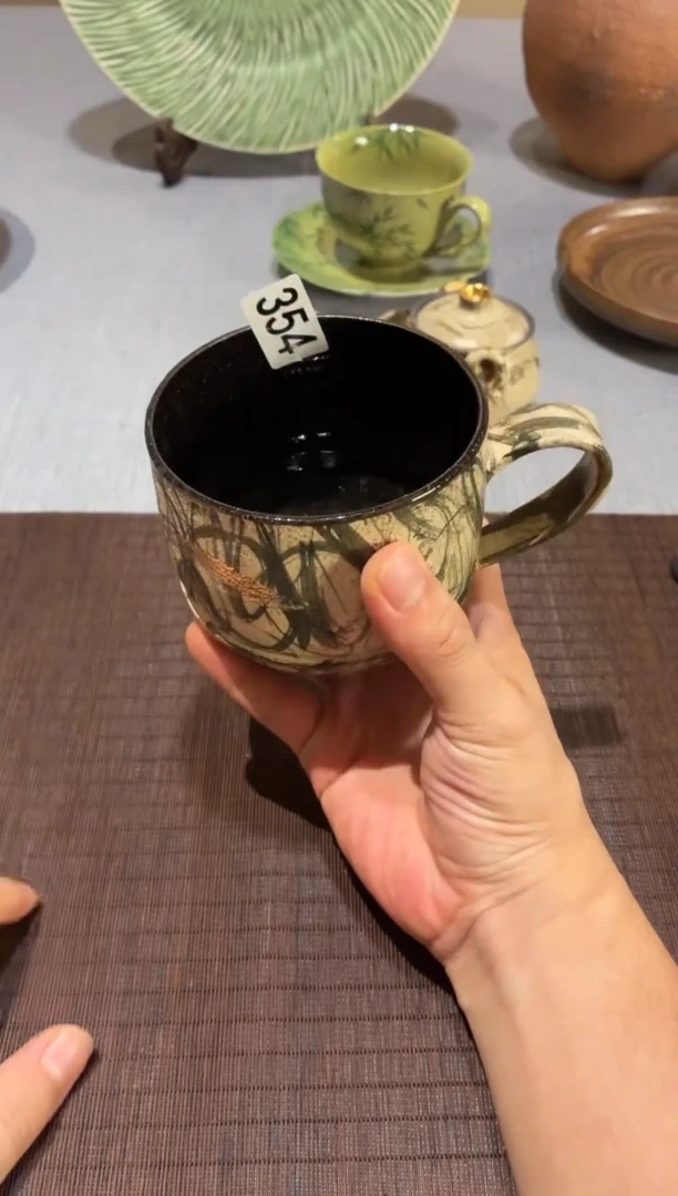 瓷片晴*354 手绘春草点金咖啡杯1个