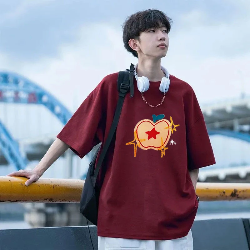 夏季纯棉情侣装慵懒风短袖学生修身型常规袖设计T恤印花圆领百搭