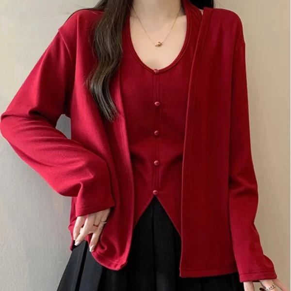 V领洋气红色开衫开衫韩版上衣半身长裙三件套#988566