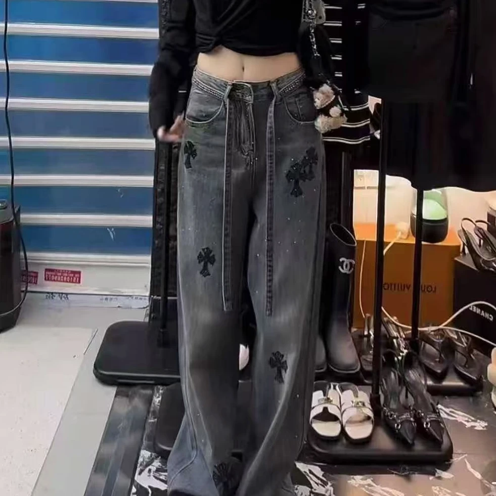 常规慵懒款长裤直筒裤刺绣阔腿牛仔裤秋冬季黑色显瘦直筒女装冬裤