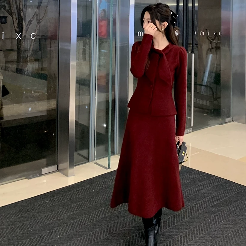 佐佐家小个子 法式小香风套装女冬季收腰针织衫a字半身裙两件套