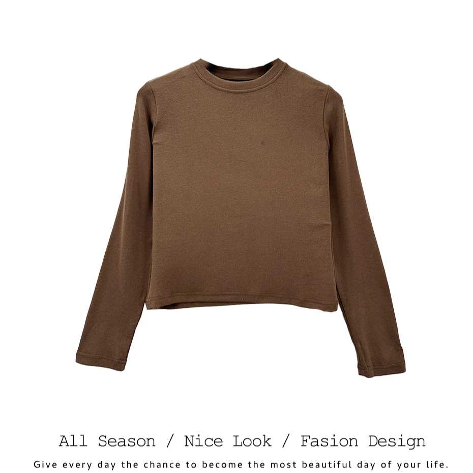 744      时尚卡其色短款百搭修身圆领套头舒适长袖     款号#666