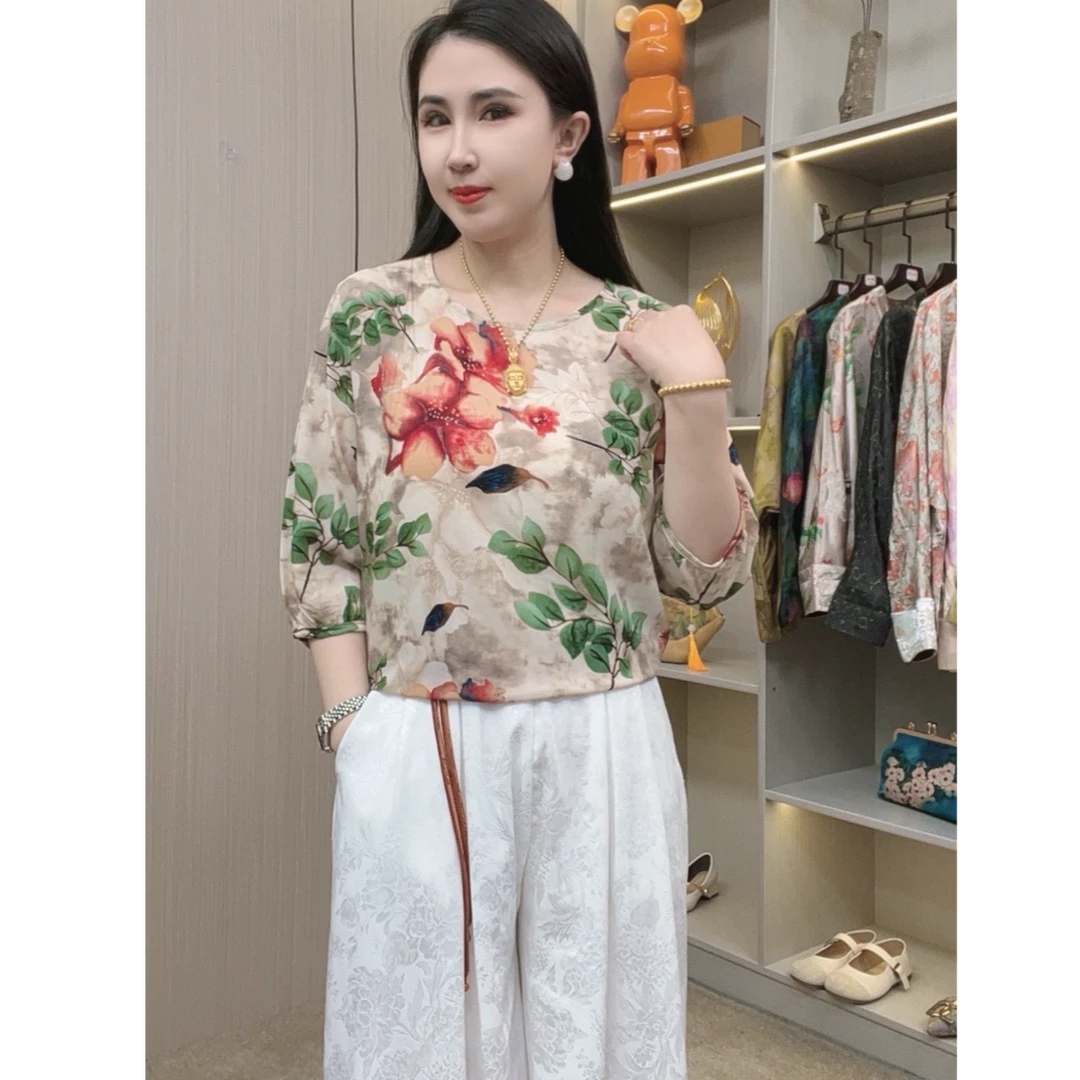 【春色满园】中国风复古宽松T恤套装优雅气质绣花短袖印花文艺