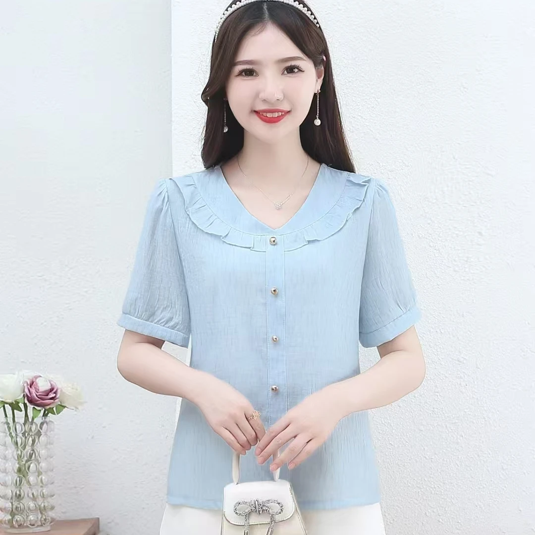 夏季娃娃领 设计洋气小衫纯色宽松气质遮肉显瘦设计短袖上衣【卡，