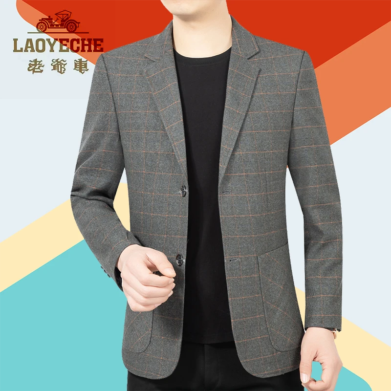 老爷车高档男士格子西服上装潮流小西装修身薄款春秋季时尚男装