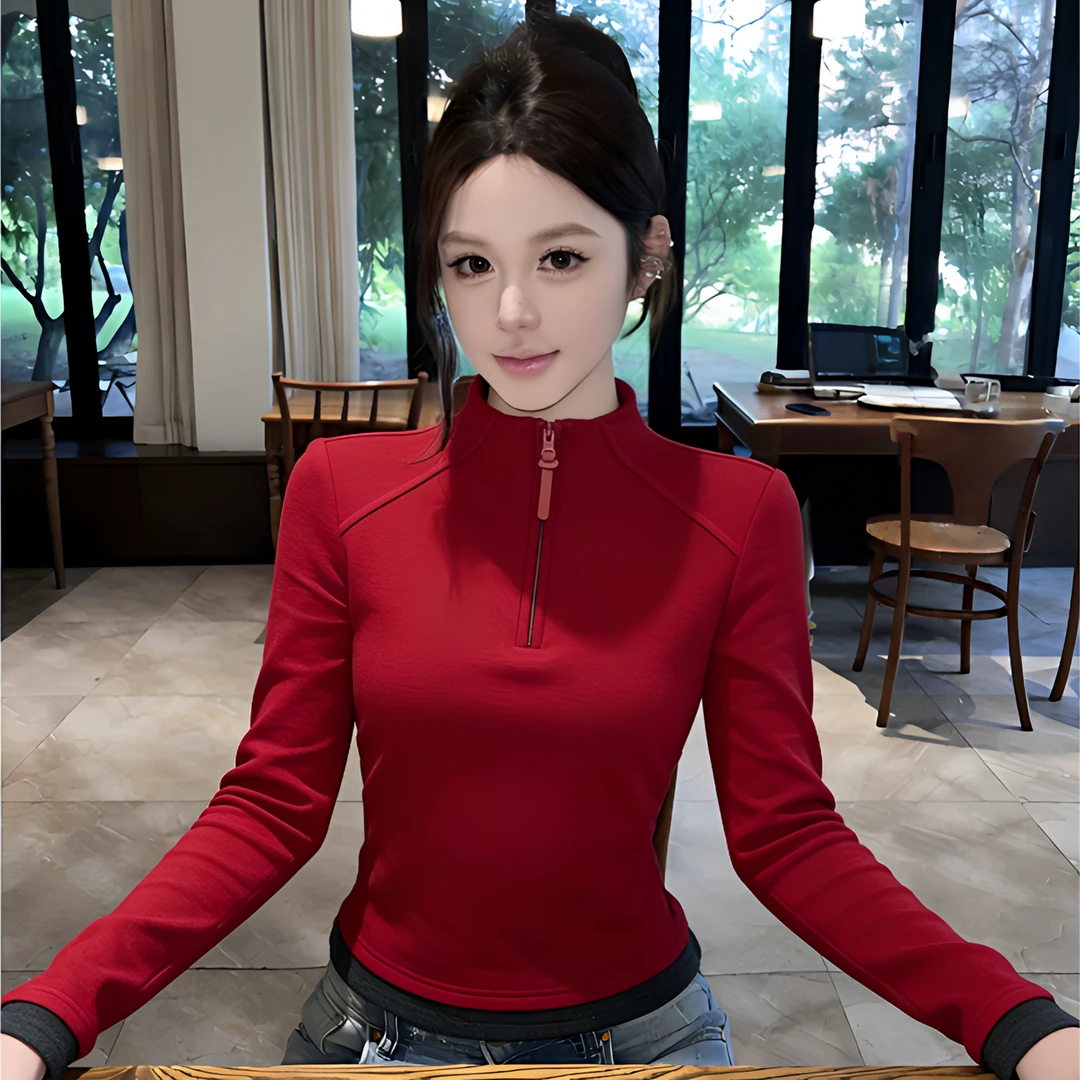 复古显白红色半拉链卫衣女秋冬韩系洋气撞色长袖内搭打底衫高级感