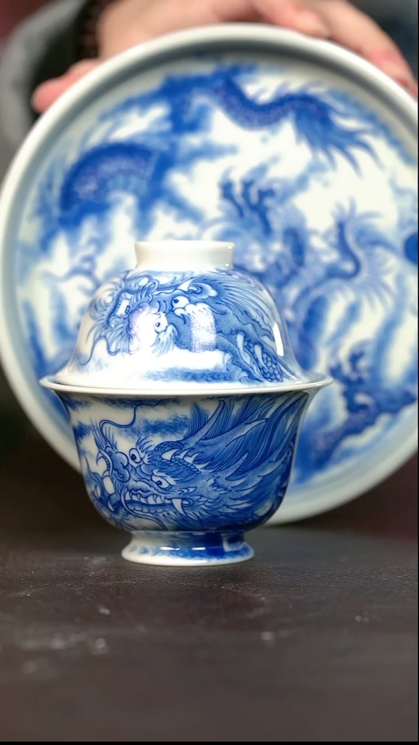 手绘 高温现代瓷 柴窑 有暇 苍龙高足+小压+有暇直边壶承17.5CM