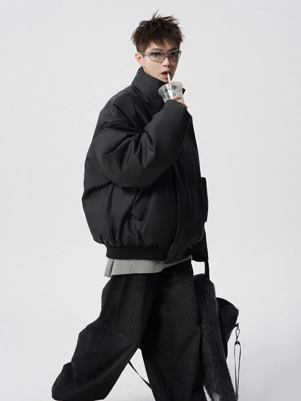 MM美式立领棉服秋冬短款男冬季加厚保暖棉衣黑色棉袄外套