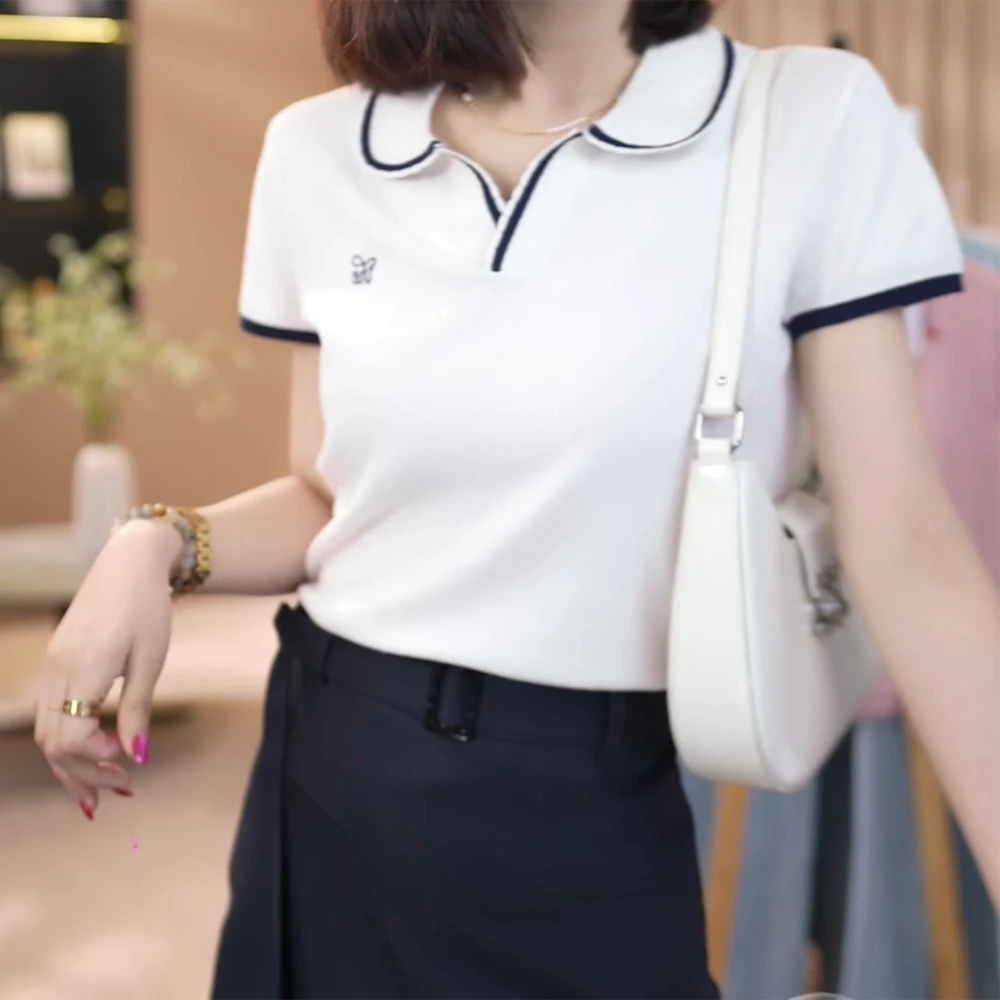 夏季新款清爽气质百搭设计感翻领刺绣短袖针织上衣C5324