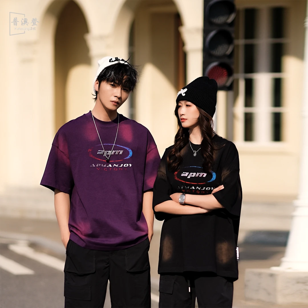 普澳登 夏季新款美式复古潮流百搭宽松扎染字母印花情侣款休闲T恤