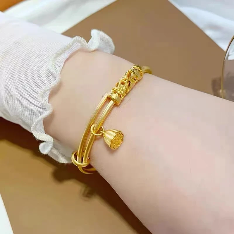 铜合金手镯 精美女款古法传承两世欢莲蓬鲤鱼推拉百搭可调节手镯