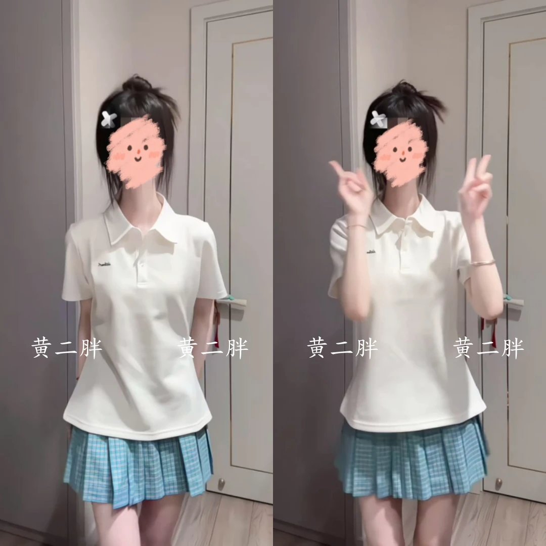正肩短袖POLO衫T恤女气质甜美学院风简约百搭上衣+百褶裙两件套夏