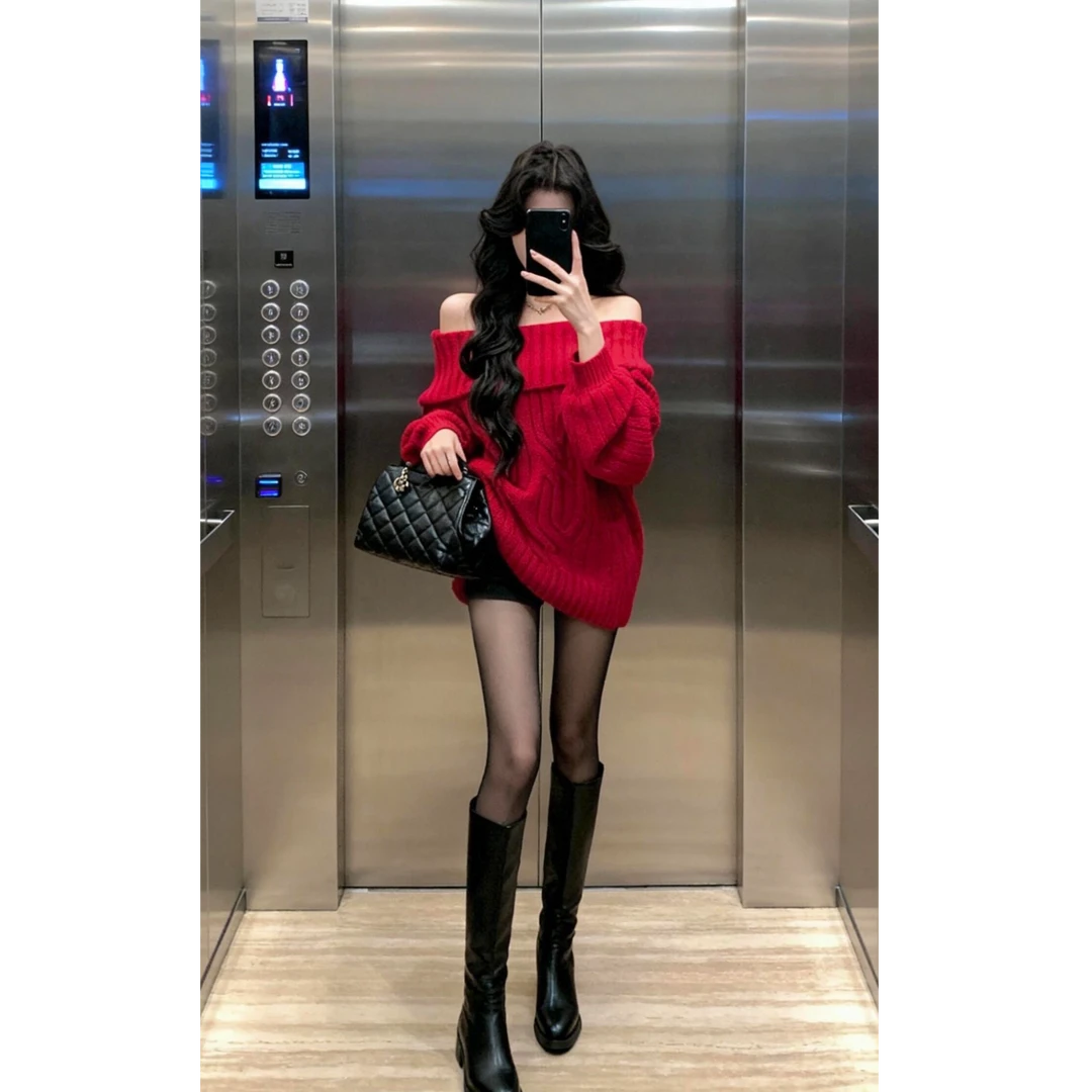 纯欲一字肩绞花套头红色毛衣女秋冬季宽松外穿慵懒风长袖针织衫