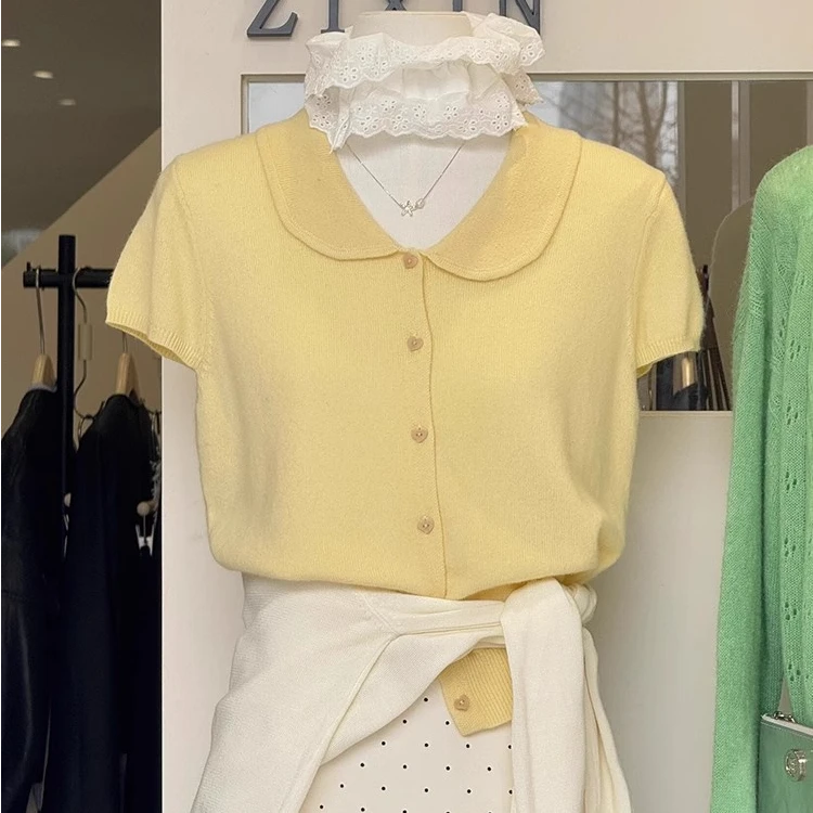 春夏黄色娃娃领飞飞袖短袖t恤小个子气质针织短款翻领正肩上衣女