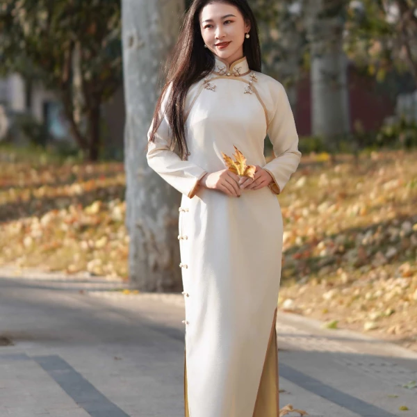 千帆旗袍 兰若 长袖真丝羊毛无省修身气质长旗袍 有里衬