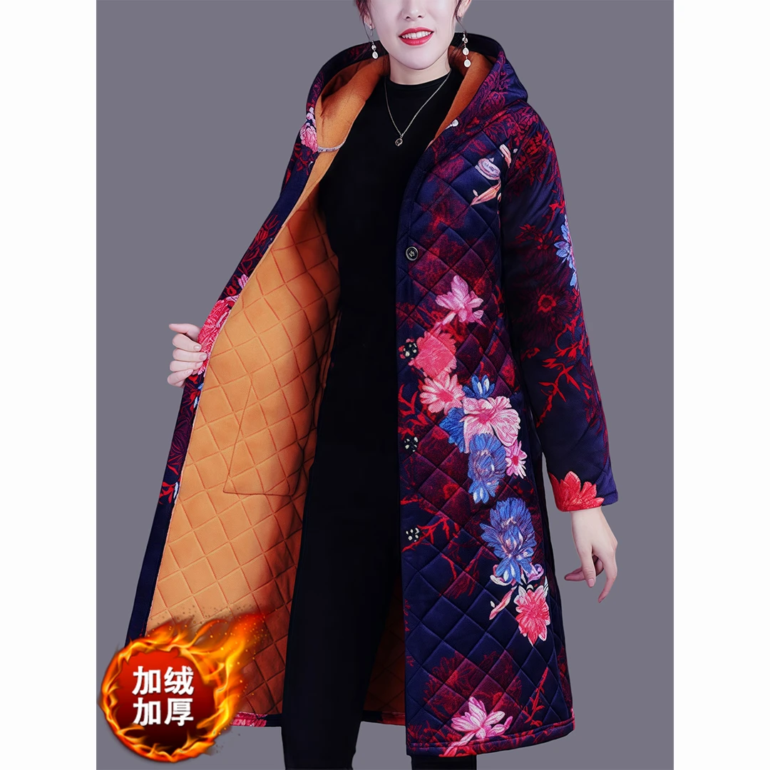 潮牌轻奢秋冬洋气加绒衣中长款袄中老年女服连帽妈妈装时尚