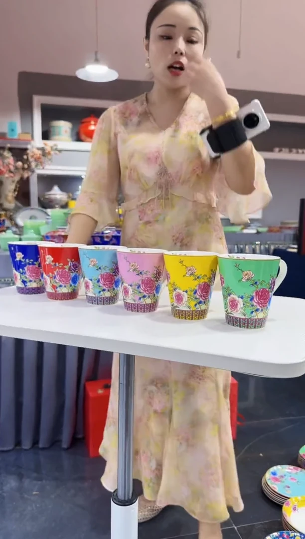 珐琅  牡丹花卉水杯6只装景德镇陶瓷