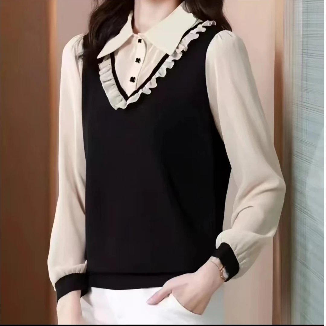 8088#木耳边拼接假两件长袖衬衫春季气质百搭减龄显瘦女式衬衣