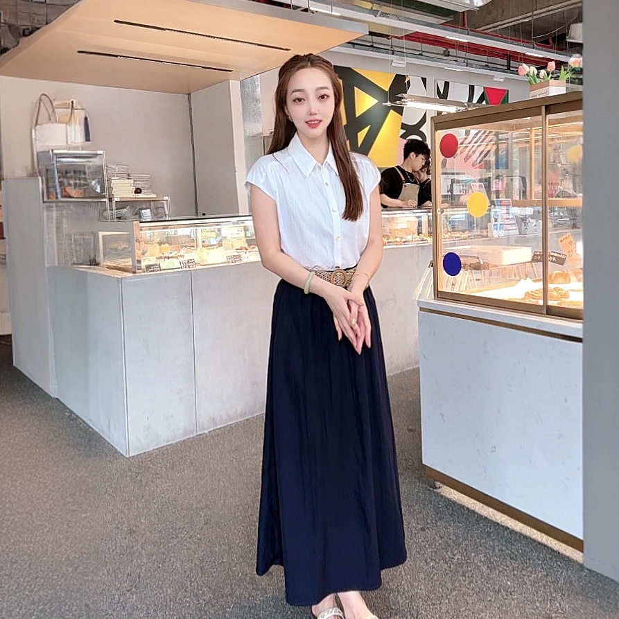 【白茶】气质飞肩袖休闲风设计感衬衫高腰A字半身裙两件套套装