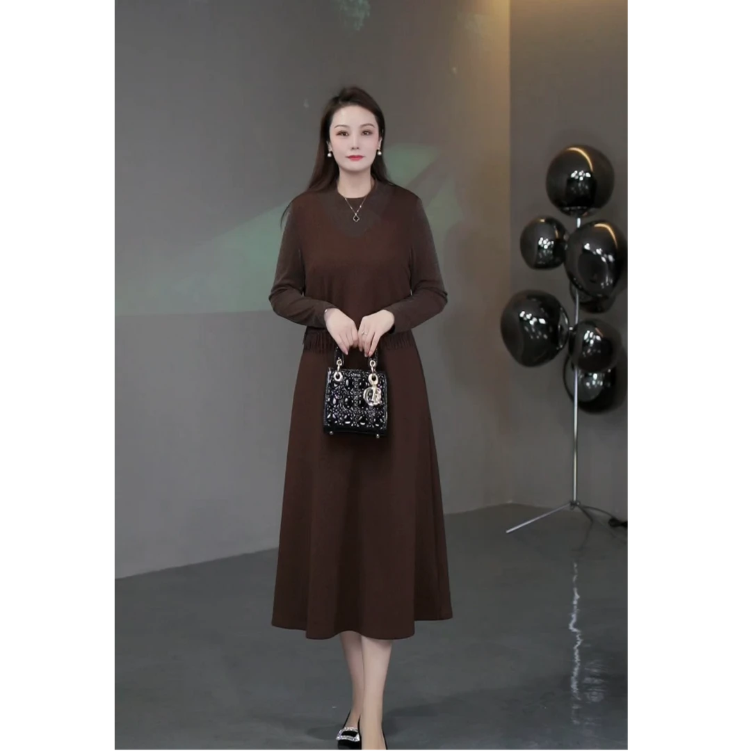 菲姐定制轻奢女装新款气质显瘦休闲百搭中长款假两件连衣裙ZB6422