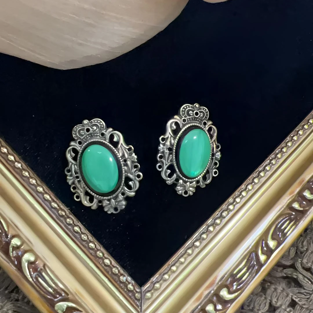 铜合金锆石耳饰 渠道复古耳钉绿色气质优雅宫廷风260