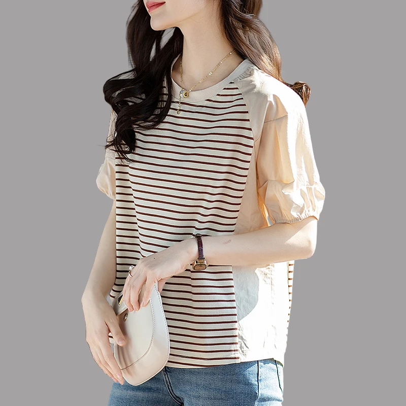 2025新款法式条纹休闲T恤大码显瘦夏季宽松遮肚子减龄设计感上衣