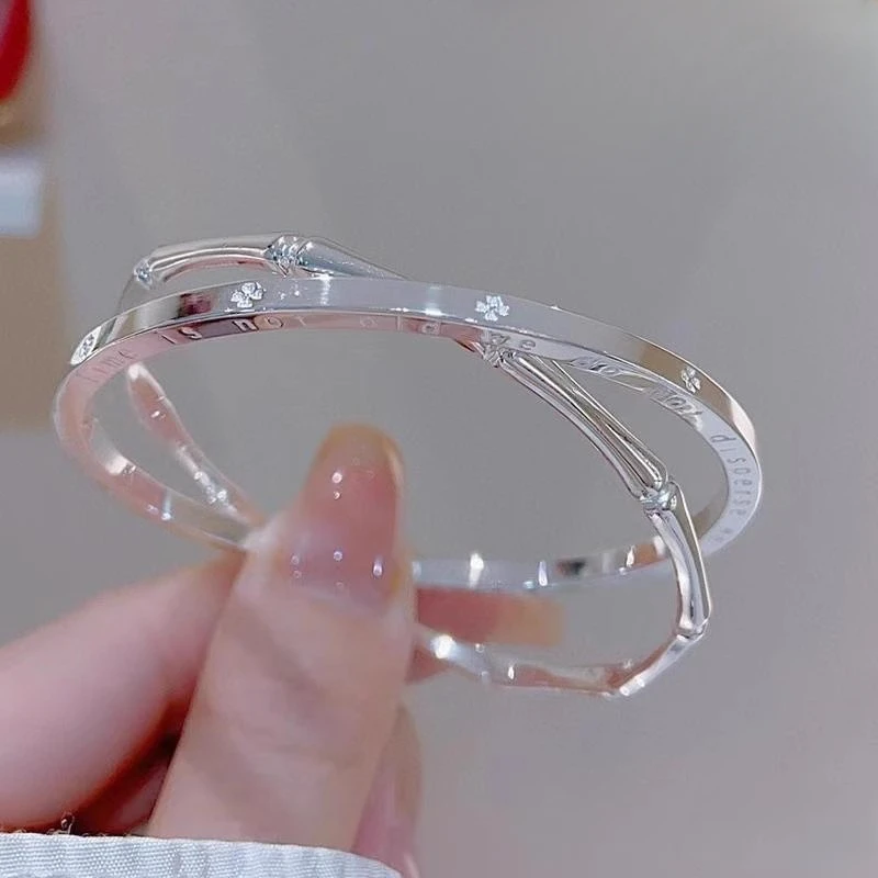 双环四叶草竹节银手镯女999纯银实心闭口足银饰品