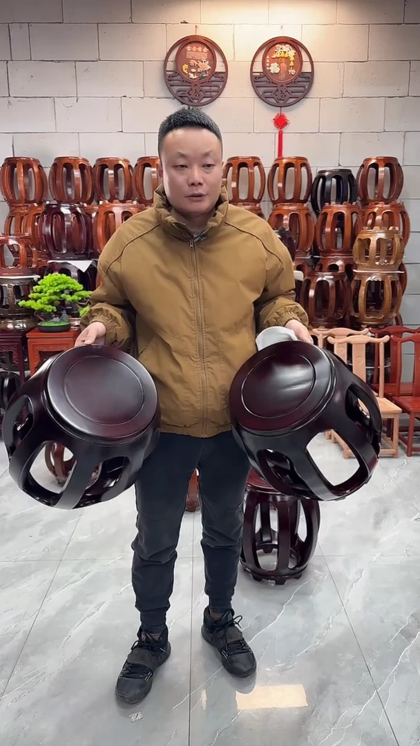 【闪购商品】花梨木类坐具酸枝色大号鼓凳一对