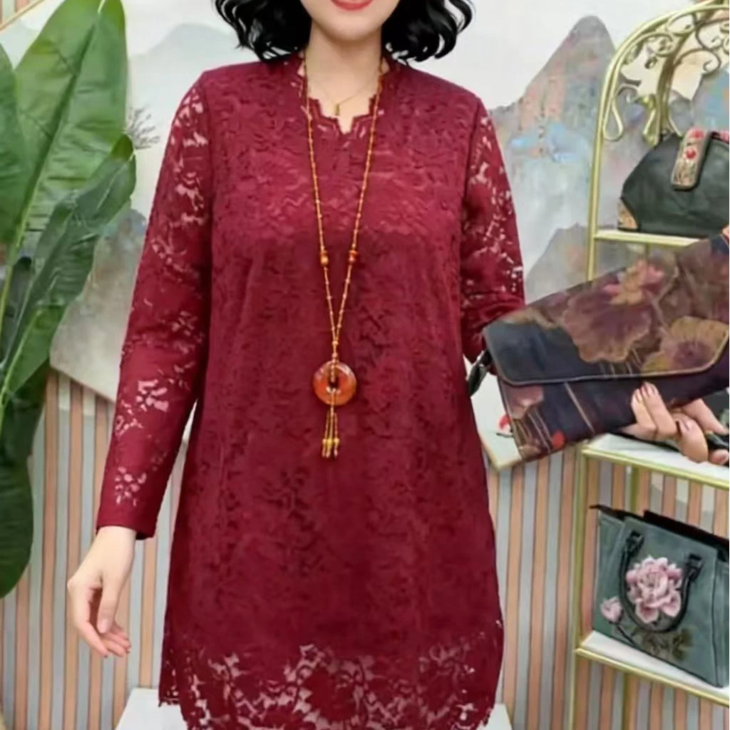 新款时尚气质V领蕾丝上衣连衣裙