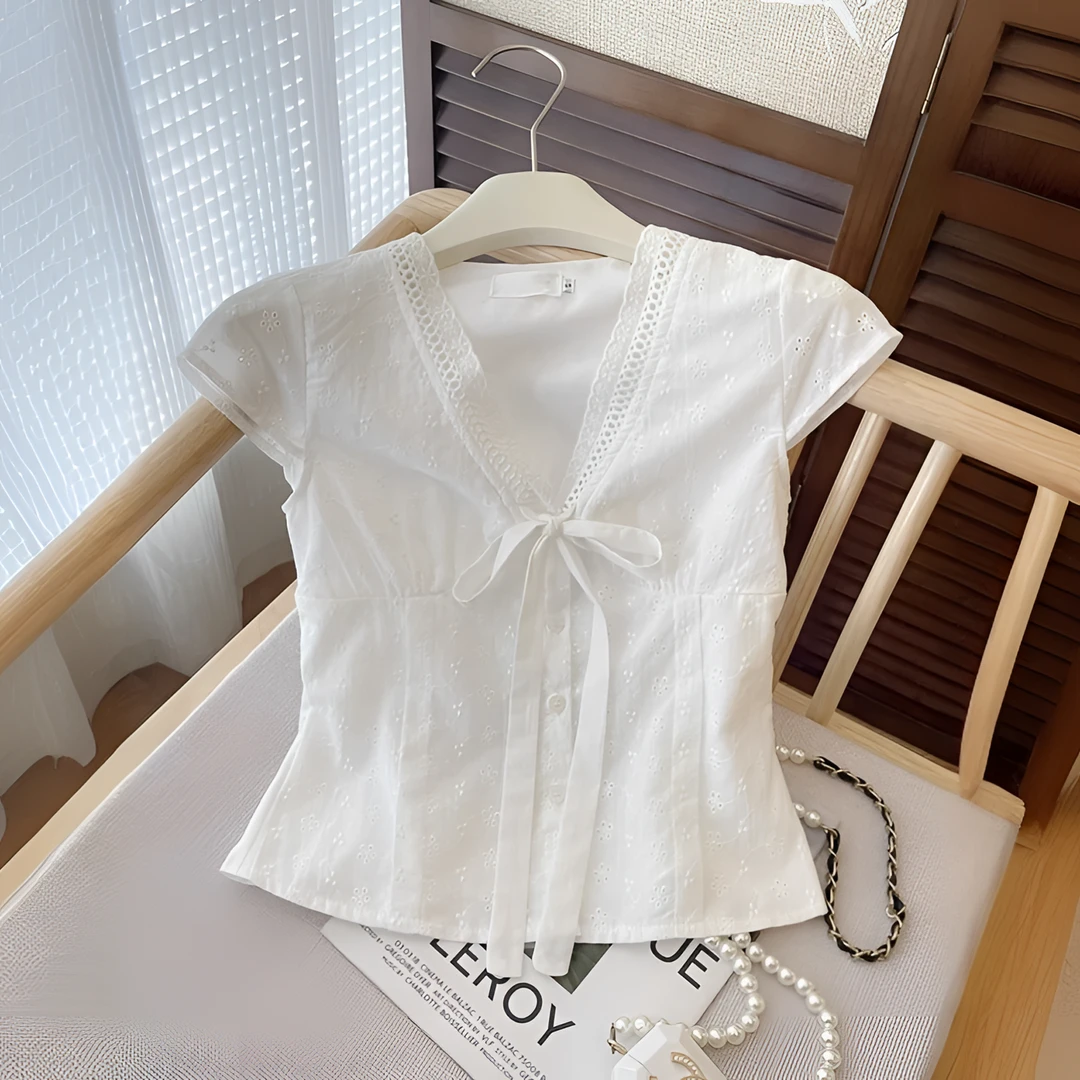 法式复古气质收腰显瘦小衫原创设计感白色高级感衬衫2025夏季新款