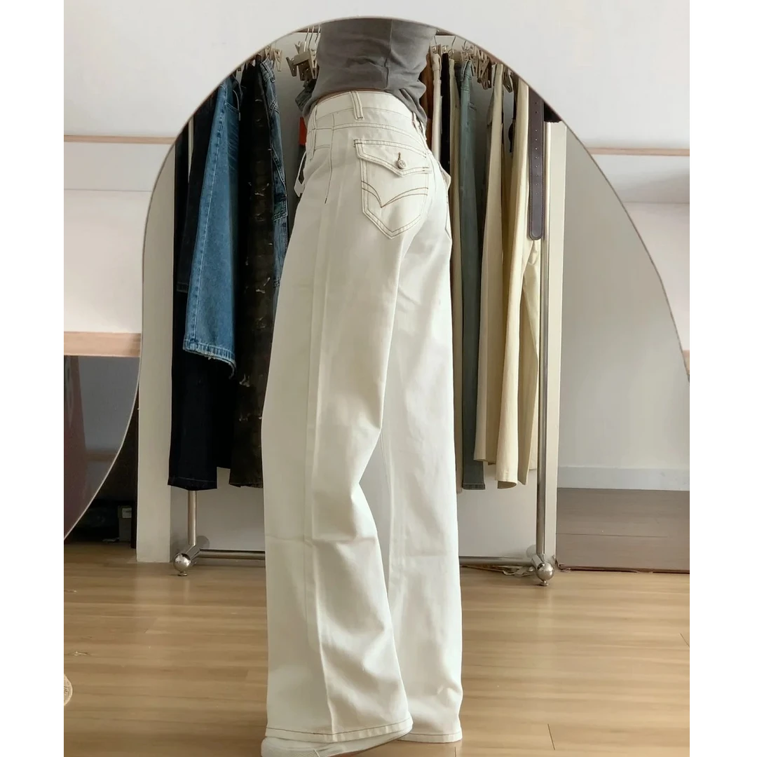 不规则腰头设计｜后翻袋微喇牛仔裤女白色高腰显瘦百搭拖地裤休闲