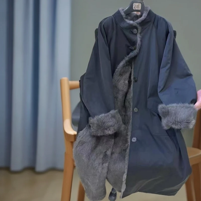 直下摆方领长款宽松型冬季派克服长款美式兔毛一体
