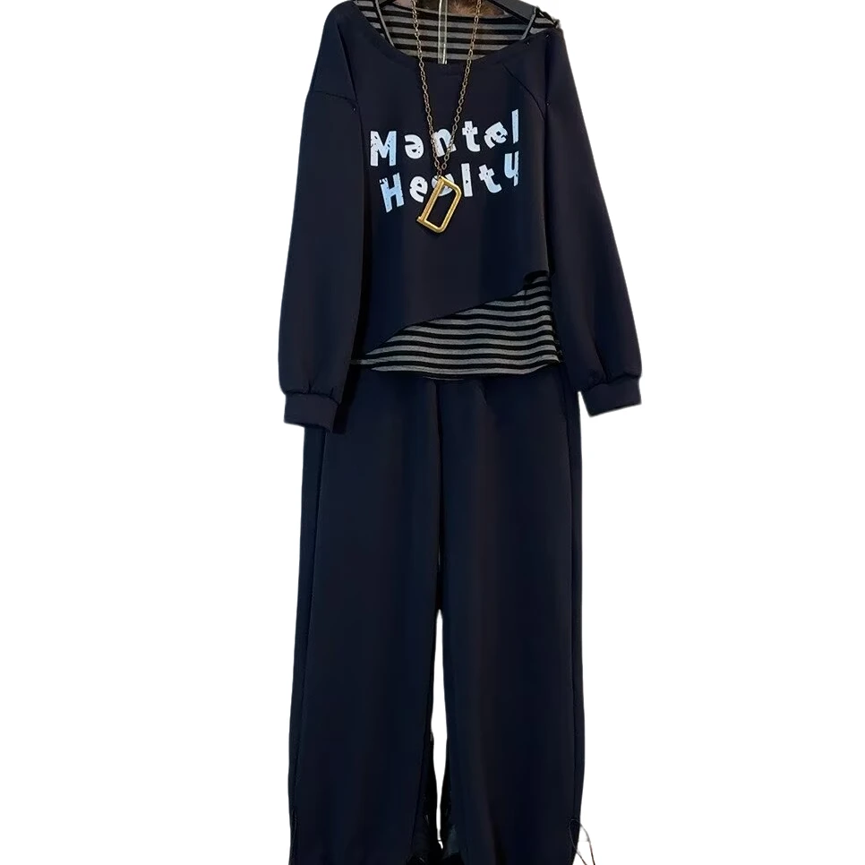 大维罗依DD秋季新款大码斜肩印图百搭休闲三件套