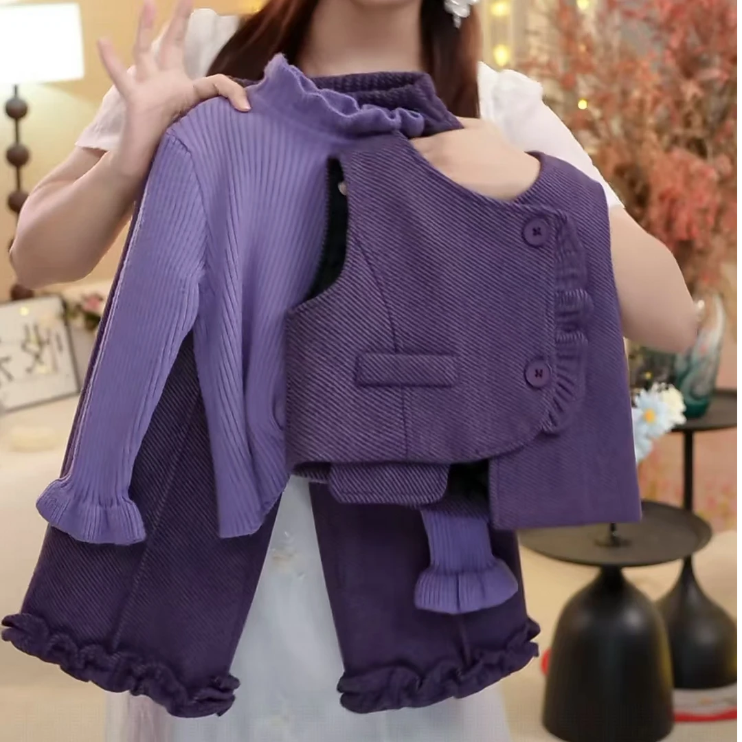T3【悦禾】儿童萌娃紫色冬装阔腿裤秋冬款女童加厚洋气长裤套装6552