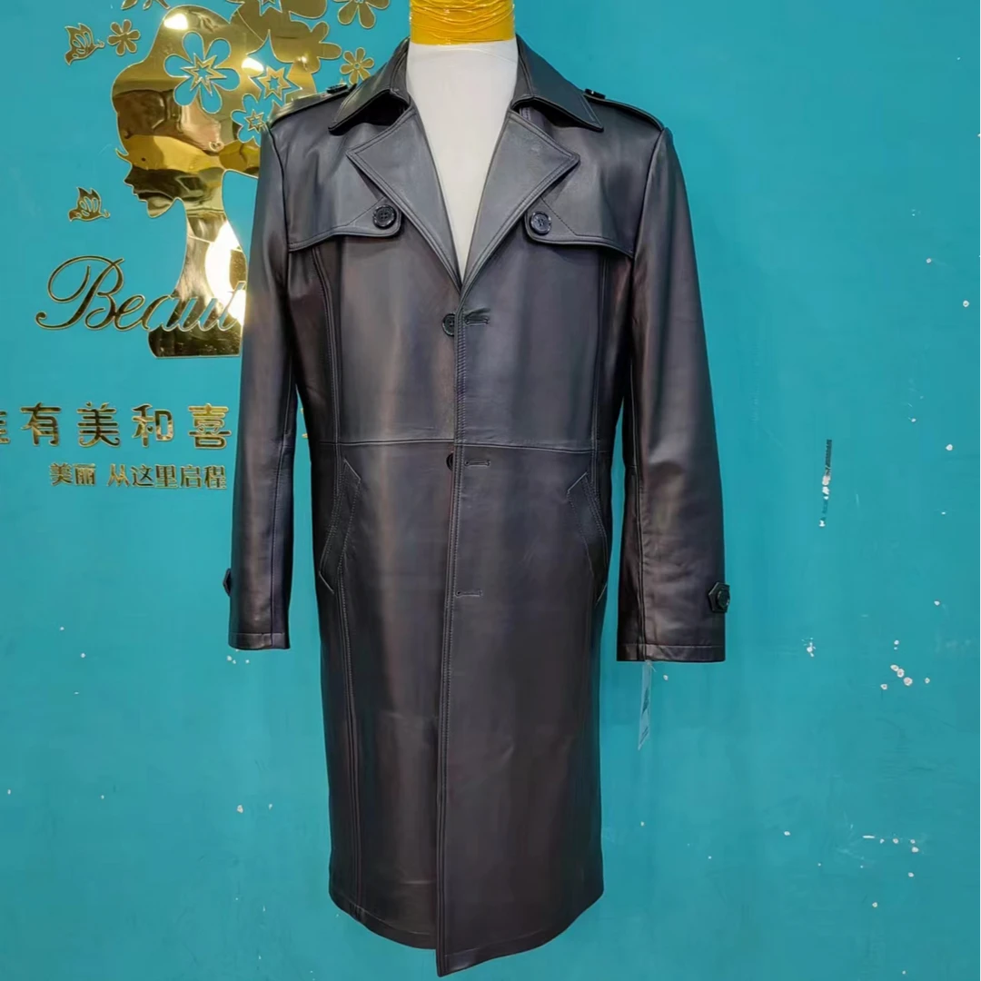 2024新春爆款美式韩版纯羊皮过膝大风衣纽扣式带腰带时尚经典-031