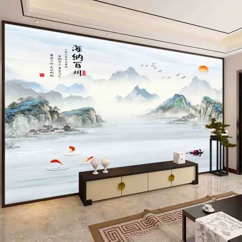 海纳百川新中式山水画电视背景墙布3D立体壁纸客厅影视墙装饰壁画