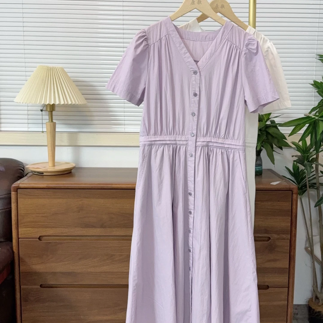 【原歌2】夏季新款法式V领泡泡袖紫色收腰气质连衣裙女YG787