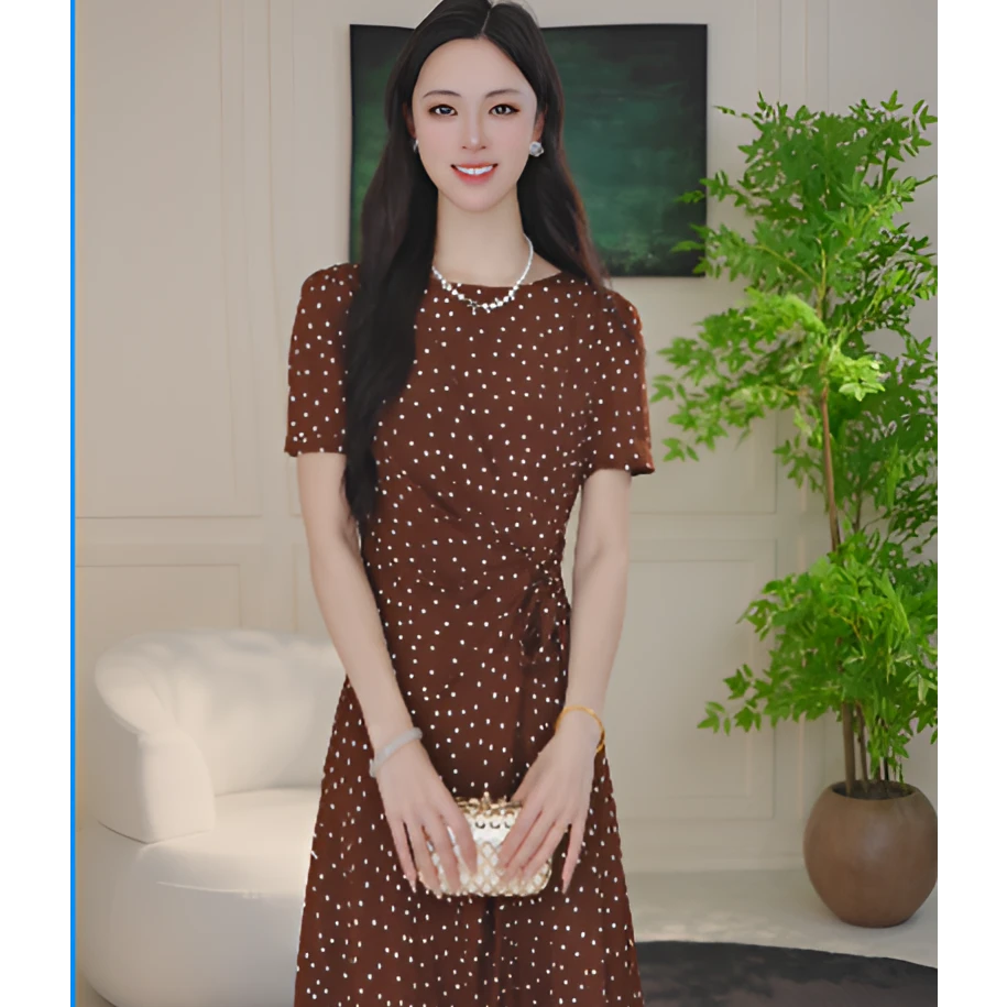 NEXY.CO/奈蔻桑蚕丝连衣裙焦糖棕波点仲夏显瘦连衣裙XF05004B7