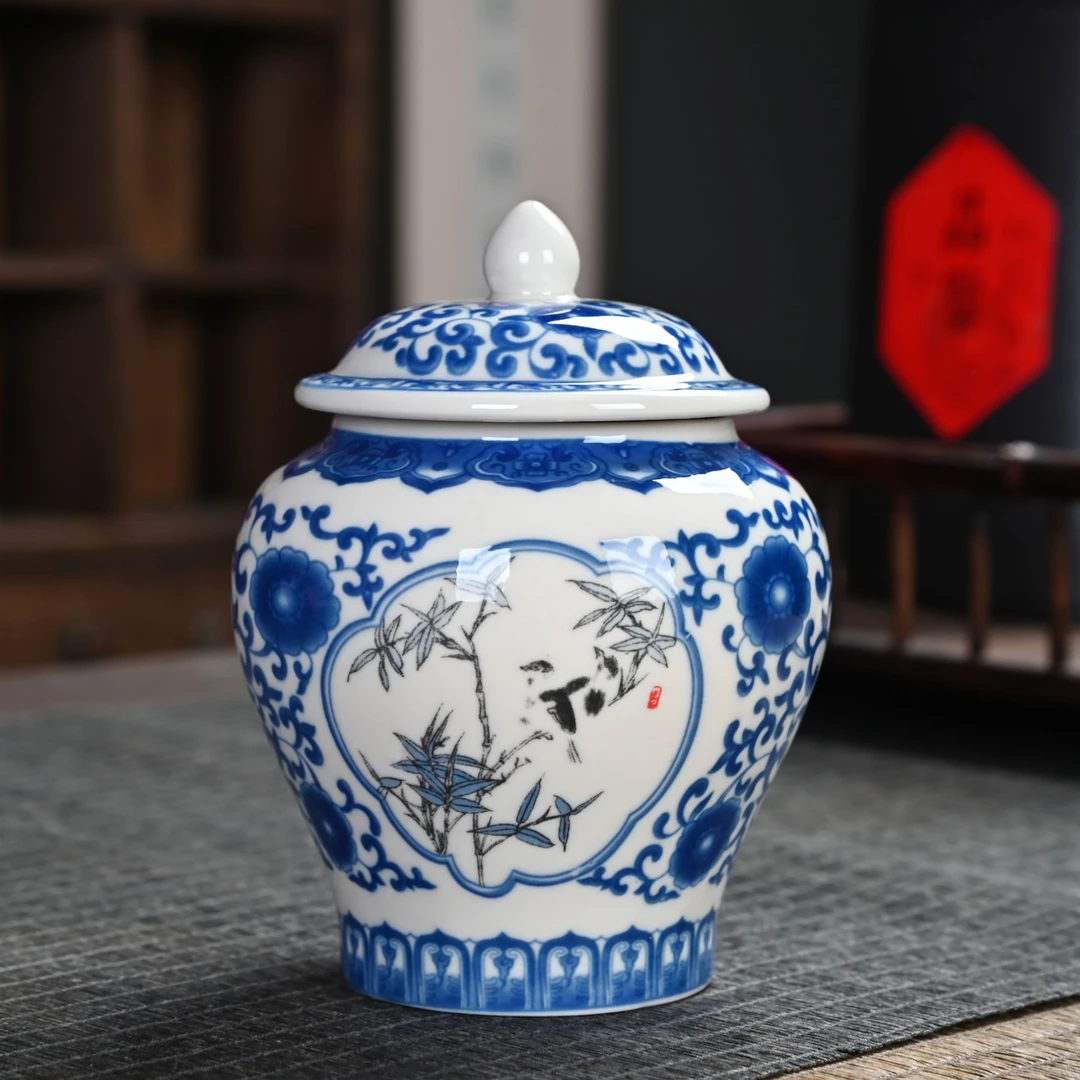 新式开窗青花茶叶罐复古带盖密封防潮居家茶具