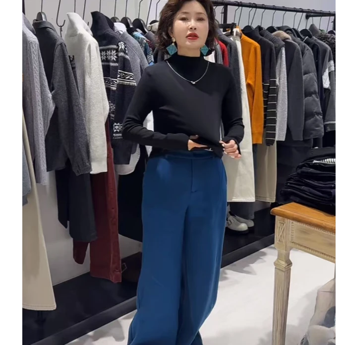 蓝色羊毛卫裤女咖色2025秋冬新款宽松显瘦百搭直筒阔腿